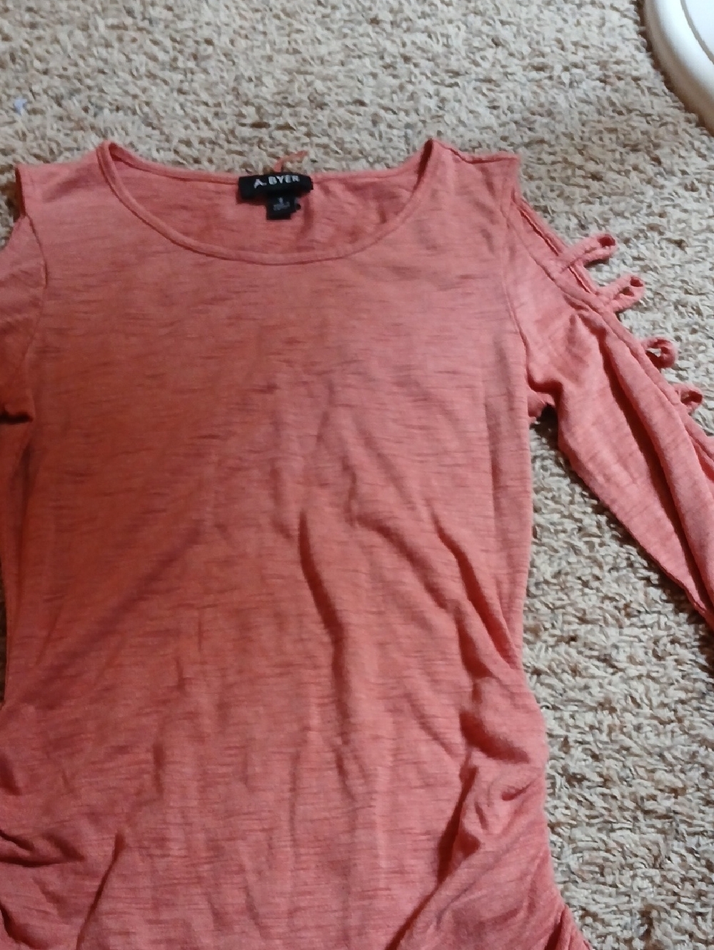 A. Byer Coral Cold-Shoulder Loop-Sleeve Long Sleeve Top